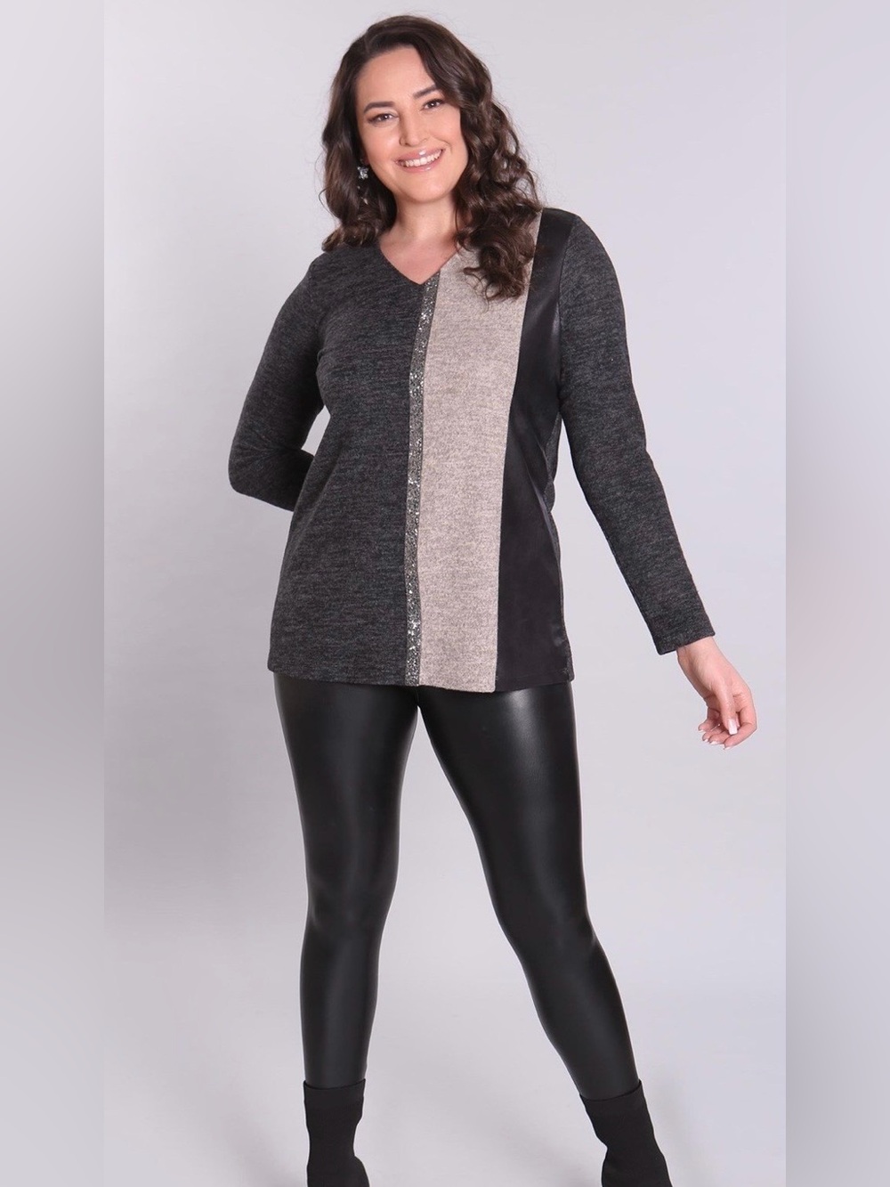 Elegant Black V-Neck Blouse with Stone Embellishments – Size 48( L-XL)